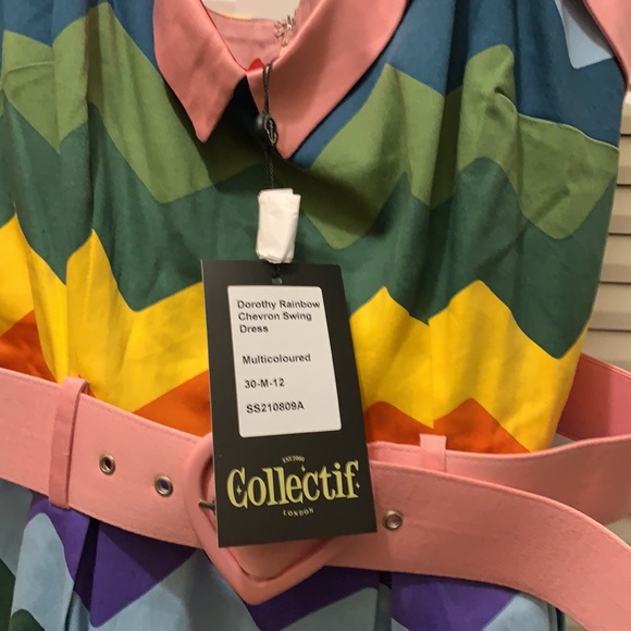 ModCloth Collectif M rainbow dress with pink belt, heart belt buckle, never worn - Picture 6 of 7